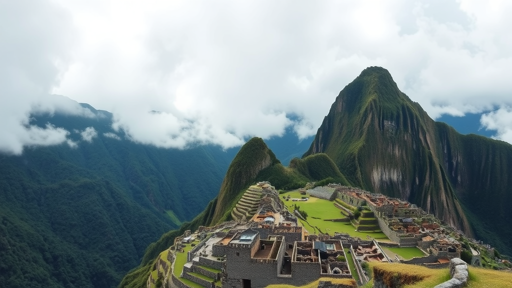 Overview of Machu Picchu with mountains and clouds in the background.