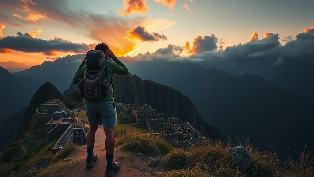 A hiker capturing the sunset over Machu Picchu with mountains in the background.