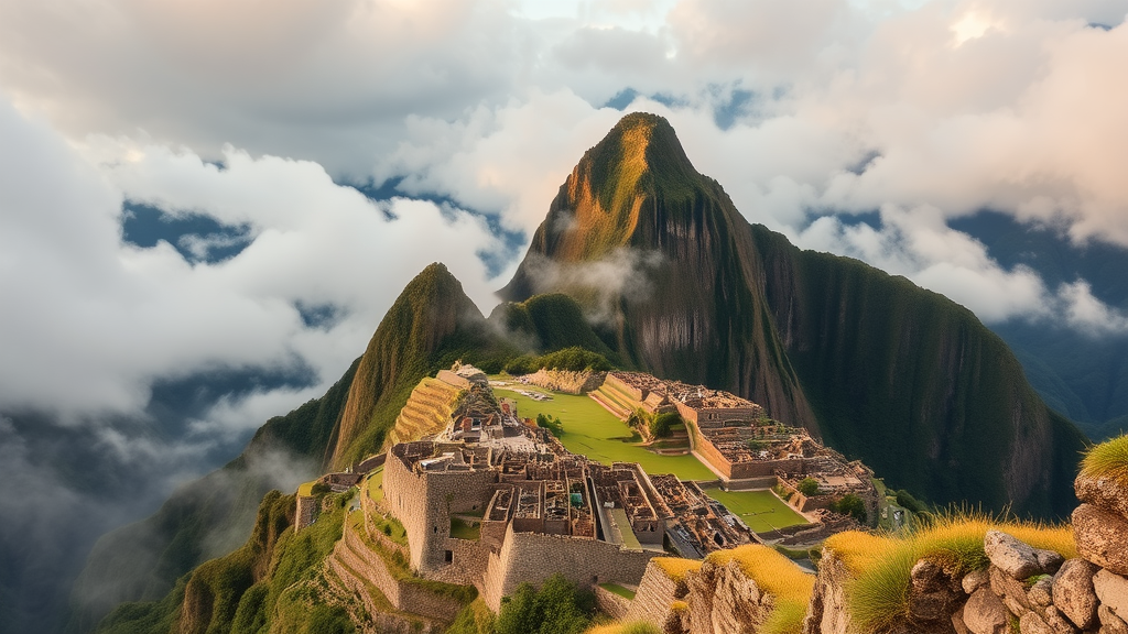 Aerial view of Machu Picchu with mountains and clouds in the background