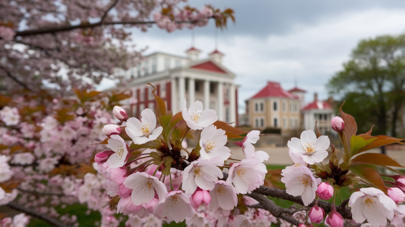 Cherry blossoms in bloom at Mackinac Island with historic buildings in the background.