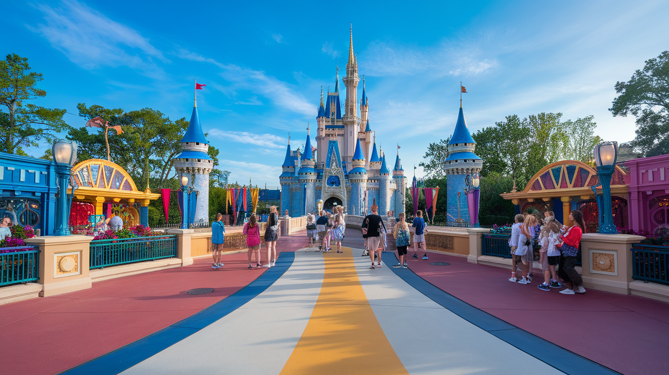 Colorful entrance to Magic Kingdom with a castle in the background and families walking along the path.