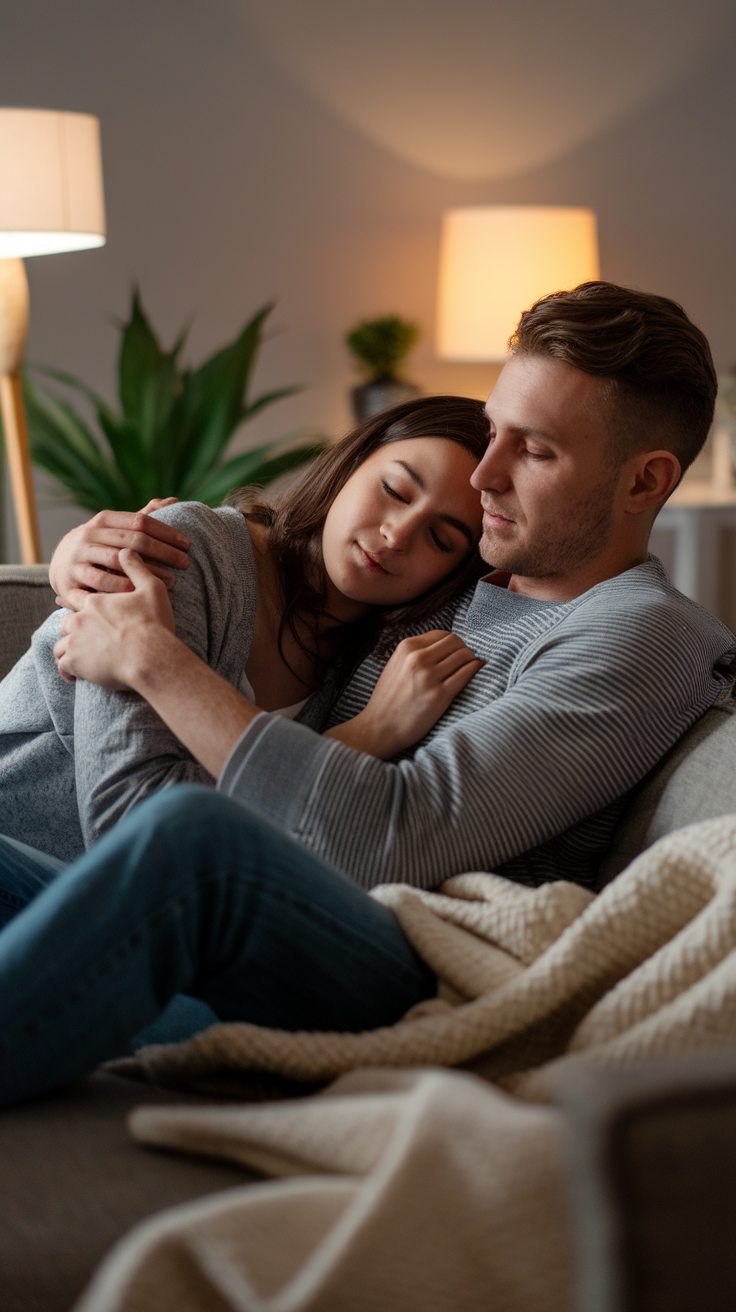 A couple enjoying a cozy moment together on a couch, showcasing a tender embrace.