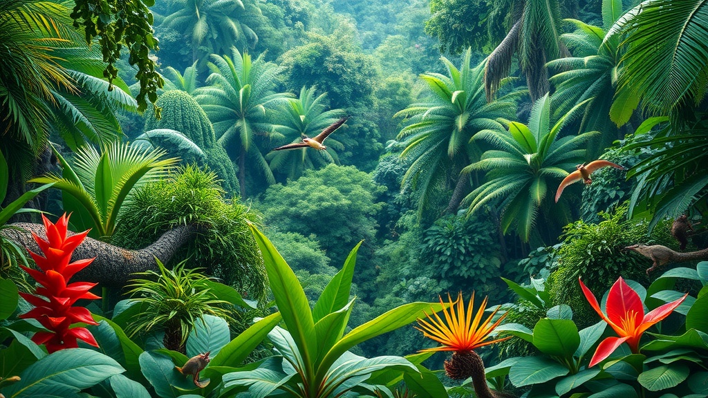 A lush, green view of the Amazon Rainforest with colorful plants and a bird in flight.