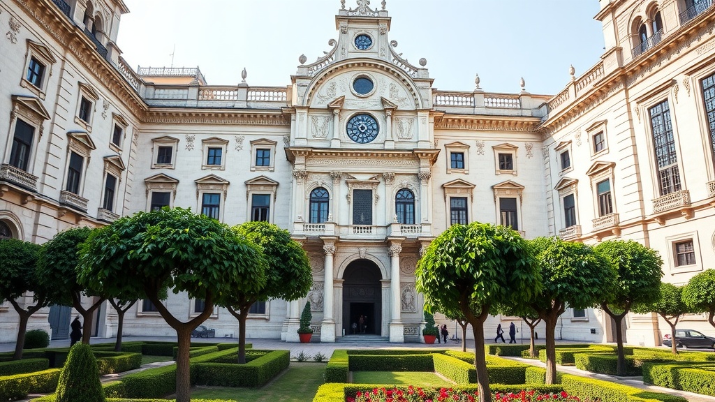 Beautiful view of the Jerónimos Monastery with manicured gardens and trees.