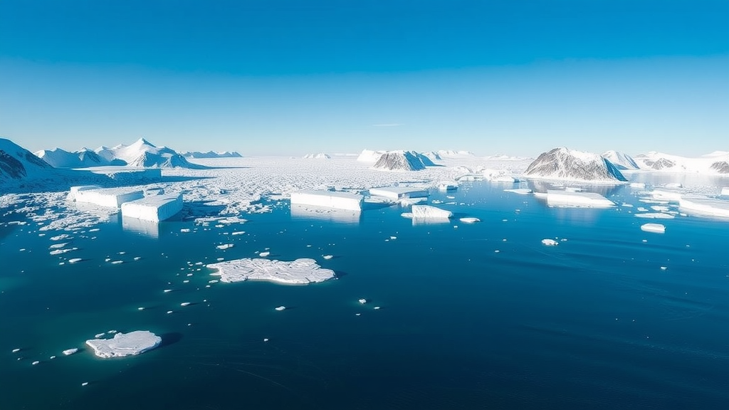 A panoramic view of glaciers and icebergs in Ilulissat, Greenland.