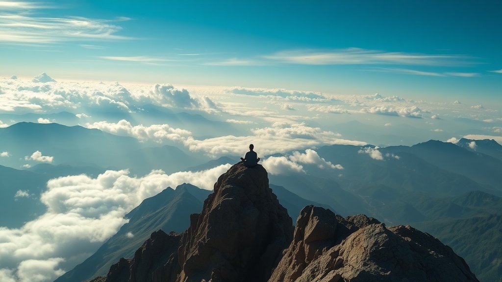 A person meditating on a mountain summit above the clouds.