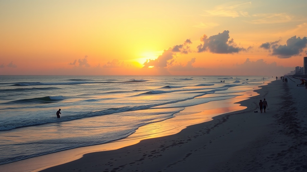 A stunning sunrise at Daytona Beach, with waves lapping the shore and a silhouette of people walking along the beach.