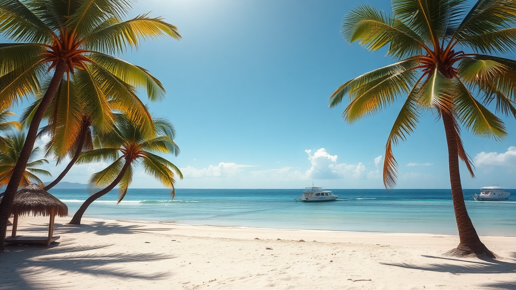 Scenic view of Makate Island with palm trees and boats in the background