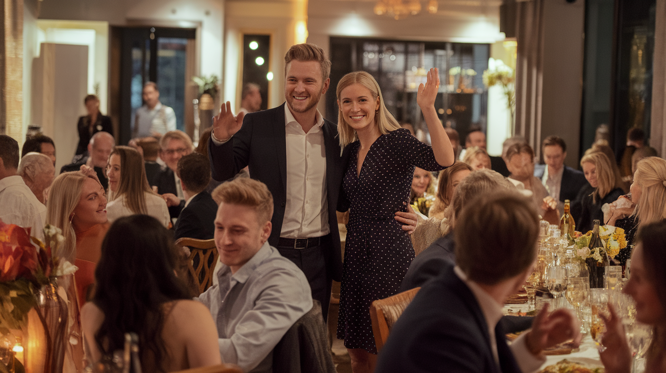 A couple happily waving at a gathering surrounded by friends and family.