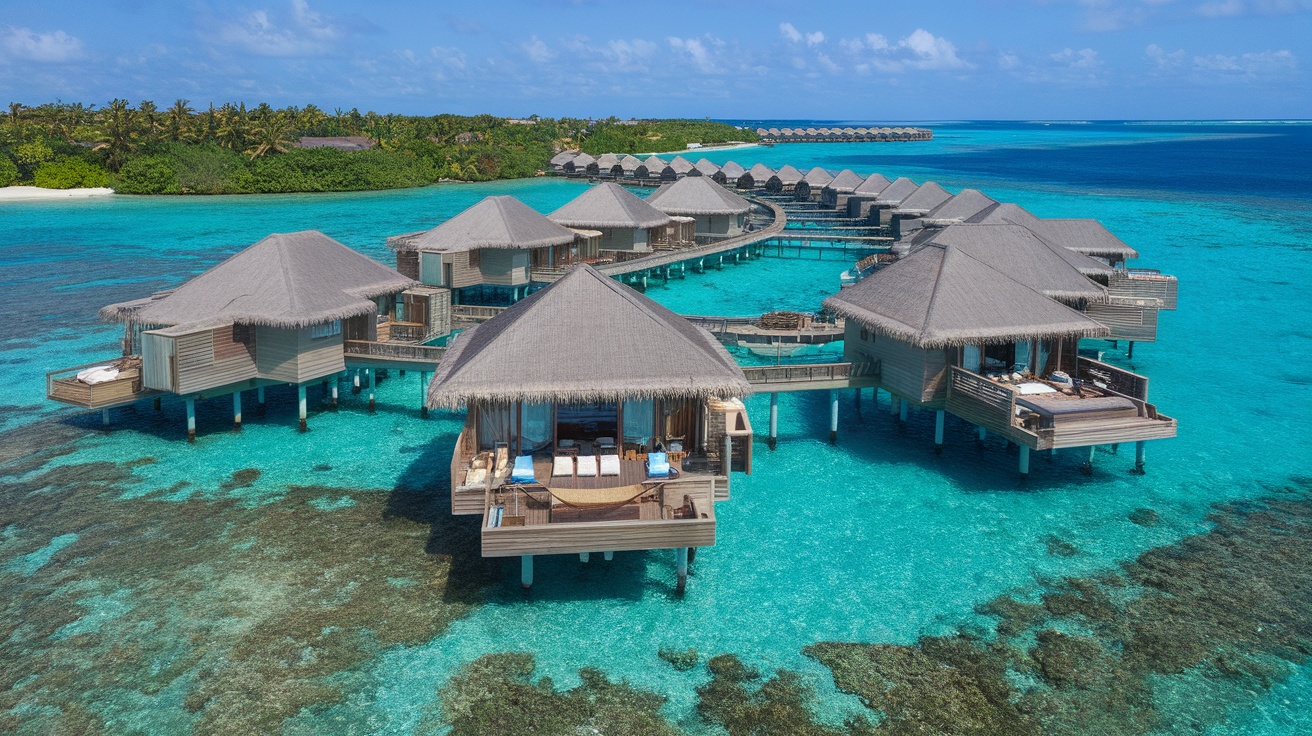 Aerial view of luxurious overwater bungalows in the Maldives surrounded by turquoise waters