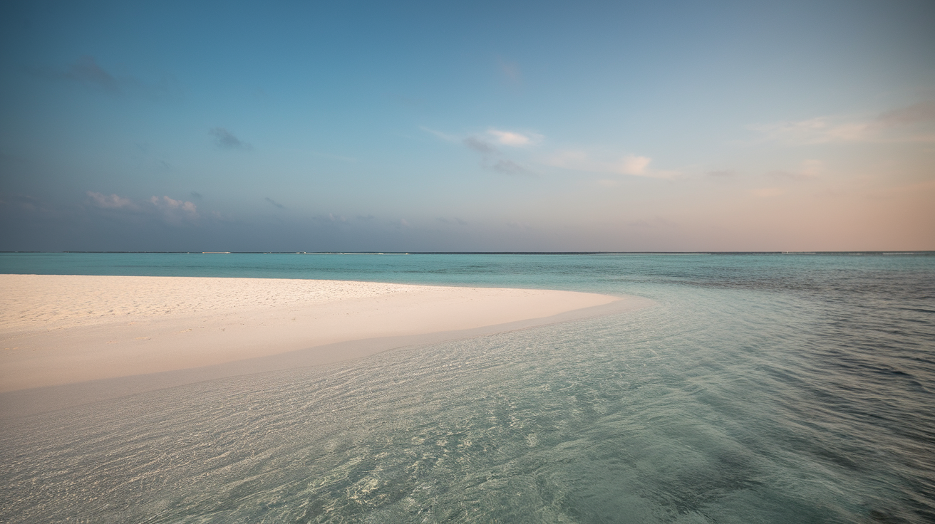 A serene view of a white sandy beach meeting clear blue waters under a pastel sky in the Maldives.