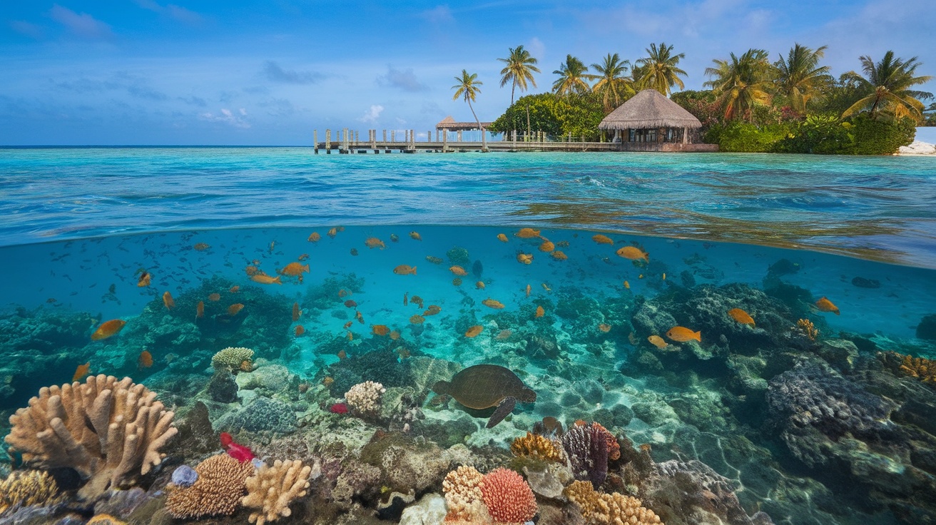 Underwater scene in the Maldives showing colorful fish and coral reefs with a beautiful island in the background.