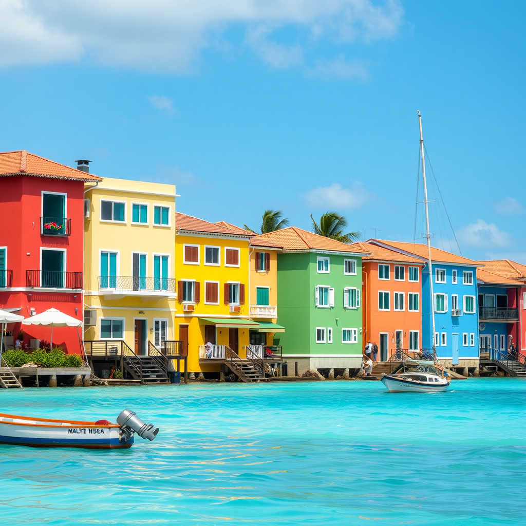 Colorful buildings along the waterfront in Malé, Maldives, with clear blue water and a boat in the foreground