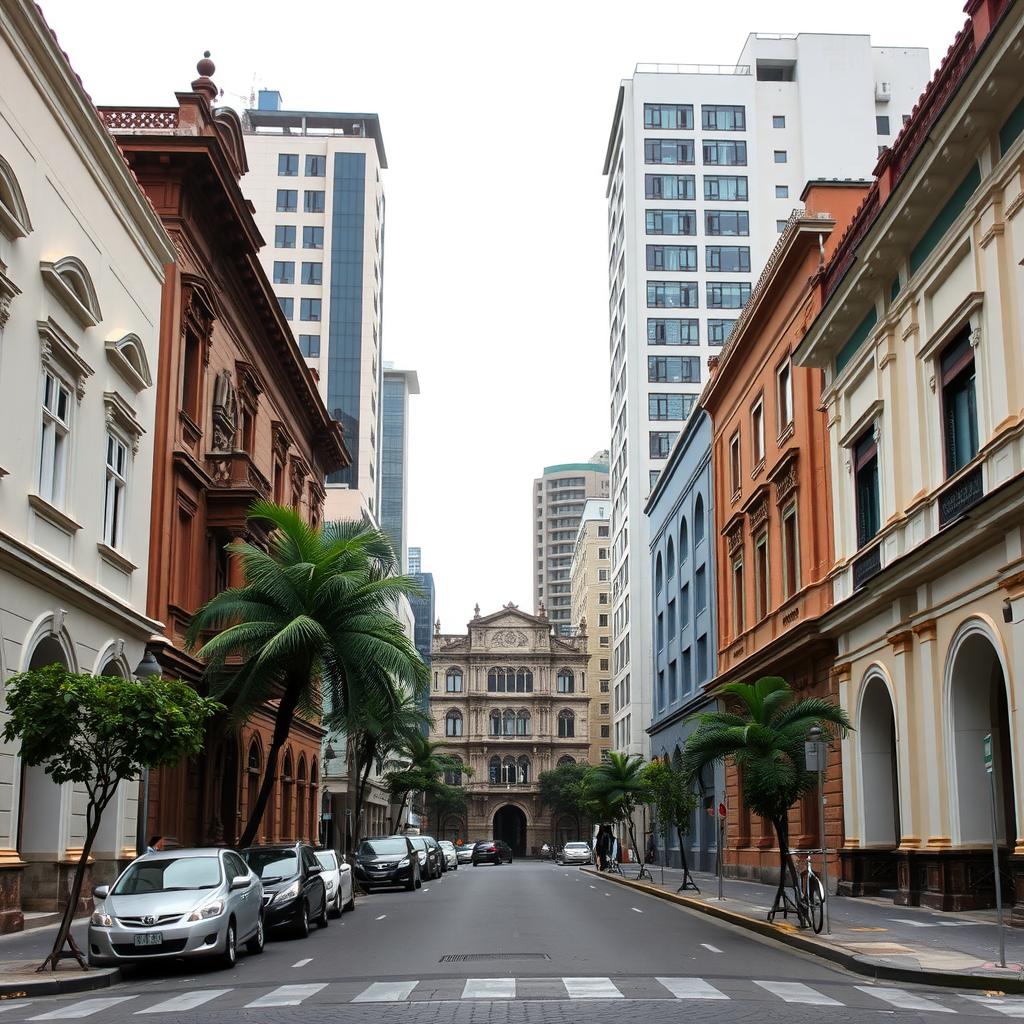 A street in Manila showing historical buildings beside modern skyscrapers.