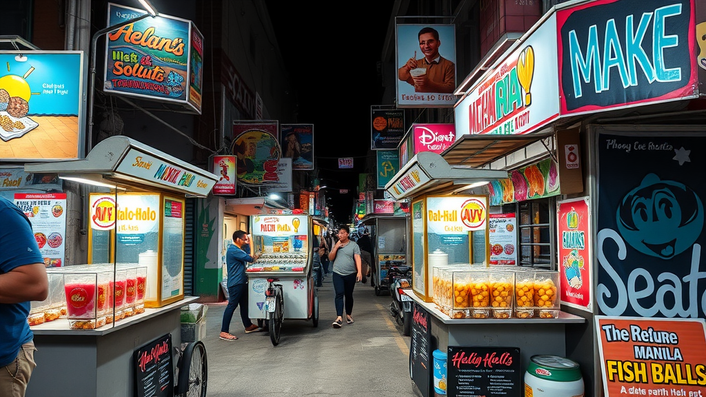 Street food stalls in Manila featuring various foods