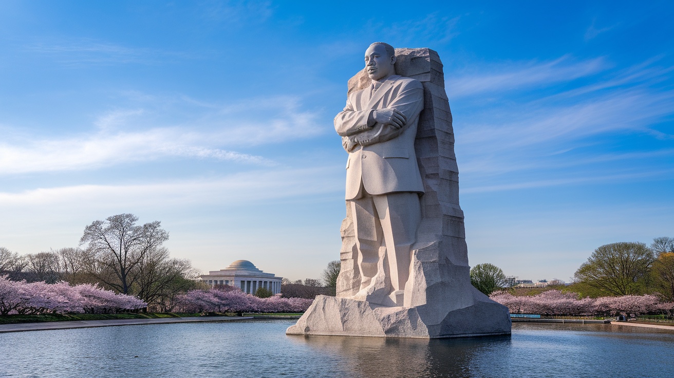 Statue of Martin Luther King Jr. in the memorial, surrounded by cherry blossoms and a clear sky.