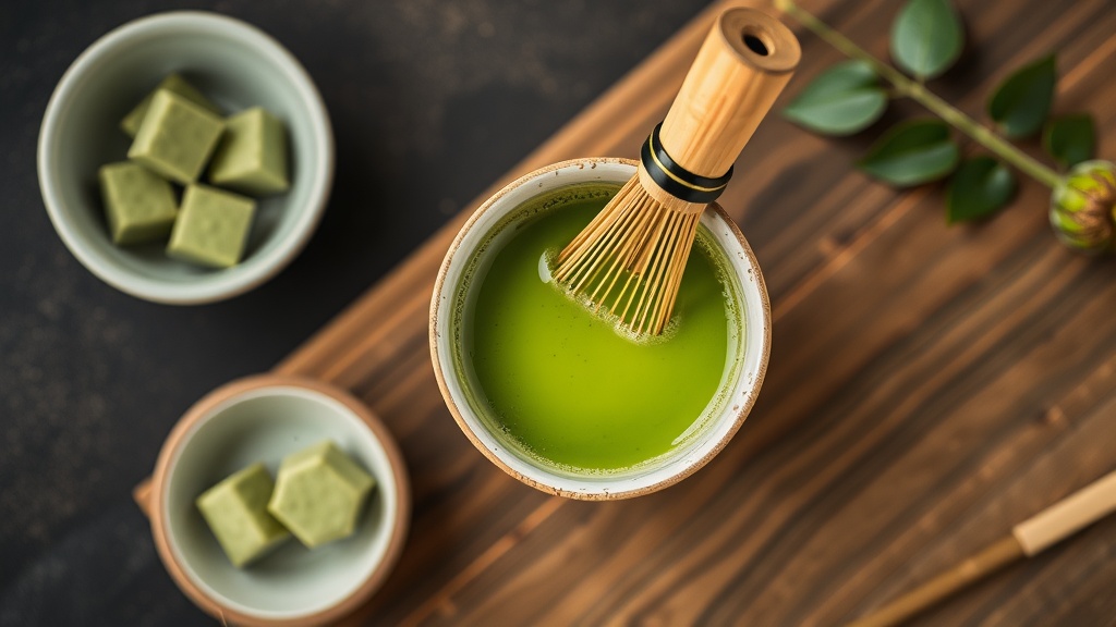 A bowl of matcha tea with a bamboo whisk and green tea sweets.