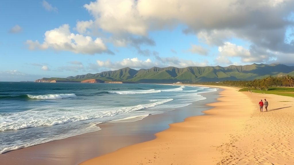 A scenic view of Maui's Big Beach with soft sand and waves, surrounded by mountains.