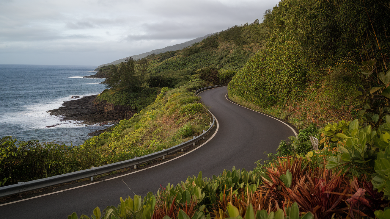 Scenic view of Maui's Road to Hana with winding road and coastal landscape