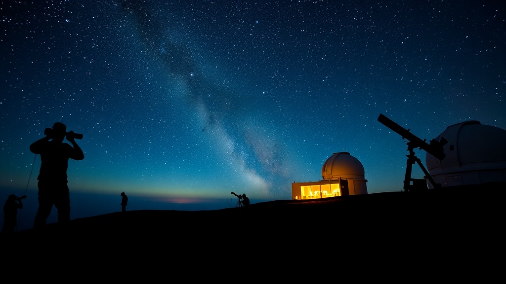 Silhouette of people stargazing at Mauna Kea with observatories and the Milky Way in the background.