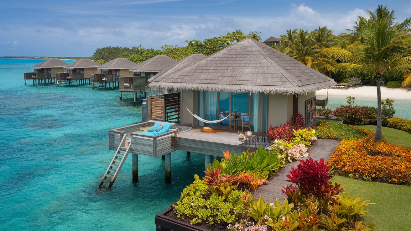 Overwater bungalows in Mauritius surrounded by turquoise waters and lush greenery.