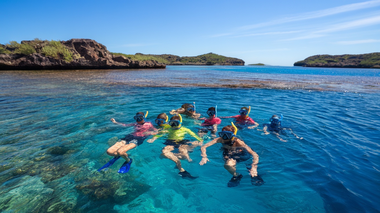 Group of people snorkeling in clear blue water