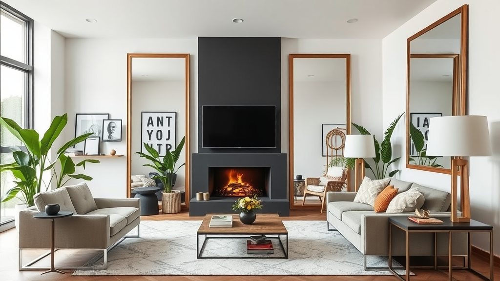 A stylish living room with large mirrors, plants, and a cozy fireplace.