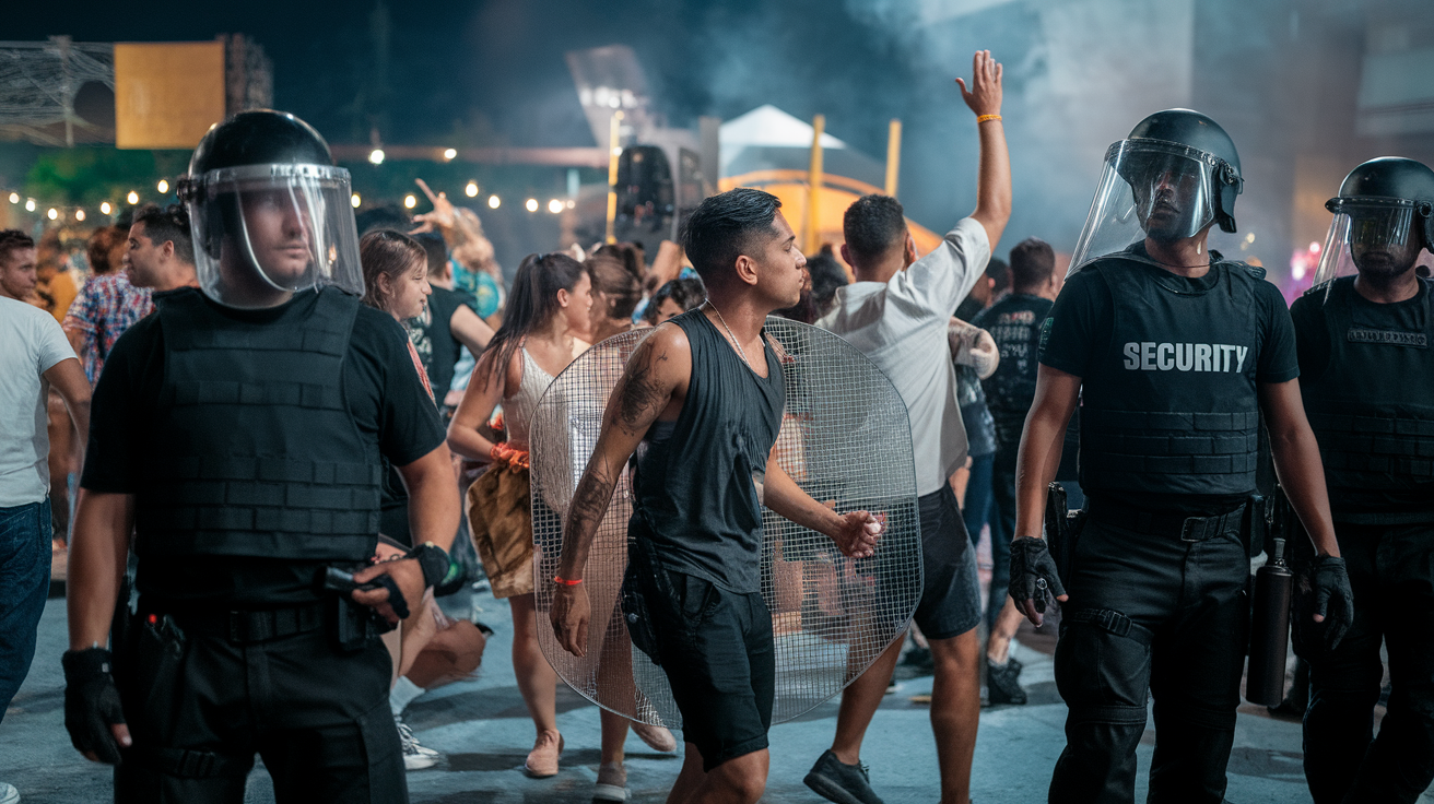 A lively crowd enjoying a party atmosphere in Mazatlán, with security present