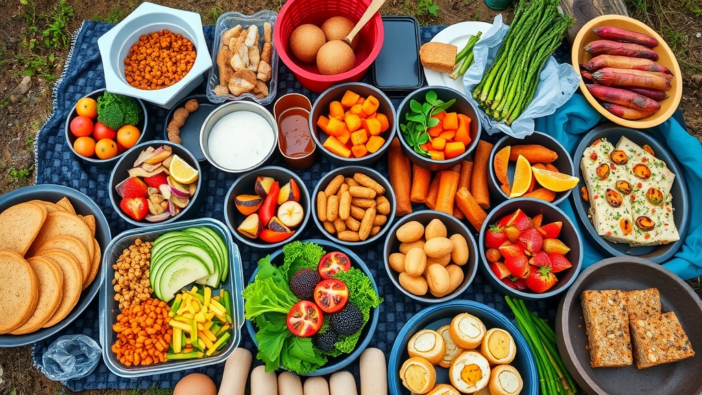 A variety of food items laid out for camping cooking, including fresh vegetables, rice, and snacks.