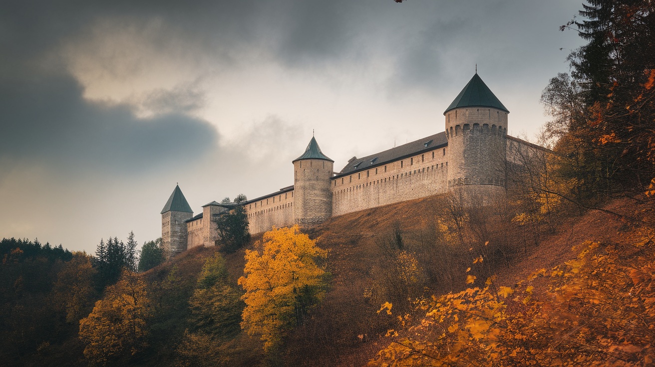 A majestic German fortress with towers surrounded by autumn foliage.