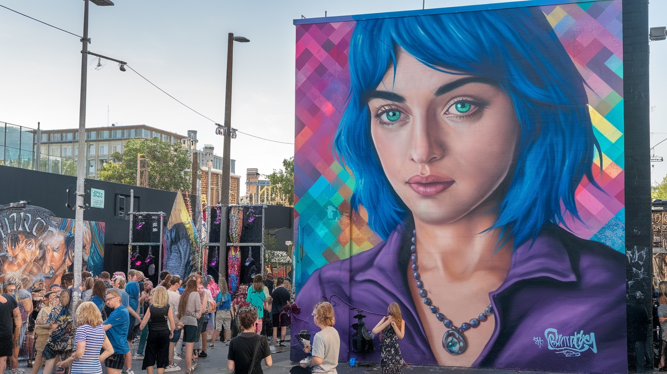 A bustling scene in Melbourne showcasing a large, colorful mural of a woman with blue hair, surrounded by a crowd enjoying street art.