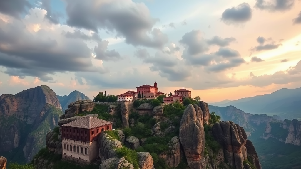 View of Meteora monasteries on rocky cliffs with mountains in the background during sunset.