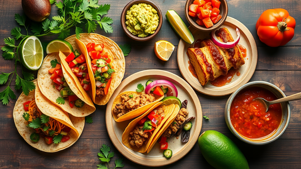 A colorful spread of Mexican dishes including tacos, guacamole, and fresh vegetables.