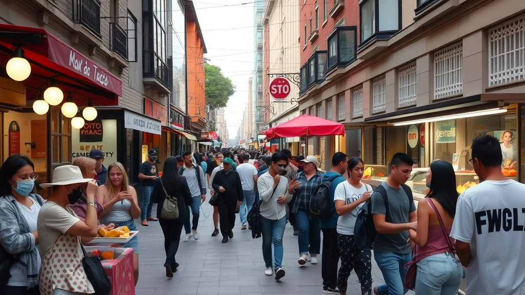 A busy street in Mexico City filled with people enjoying street food and shopping.