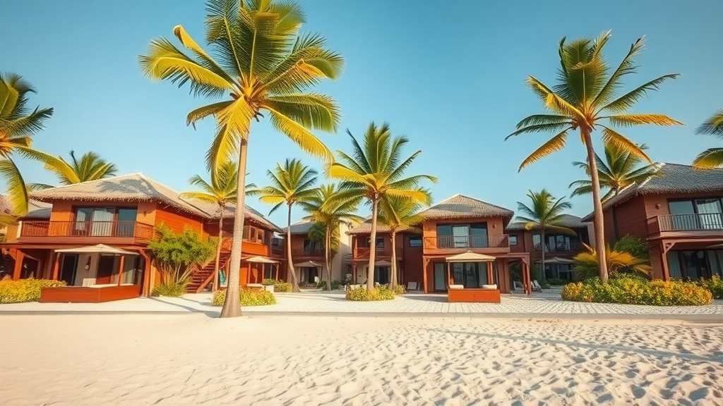 A picturesque view of sustainable beach resorts in Mexico with palm trees and sandy beach.