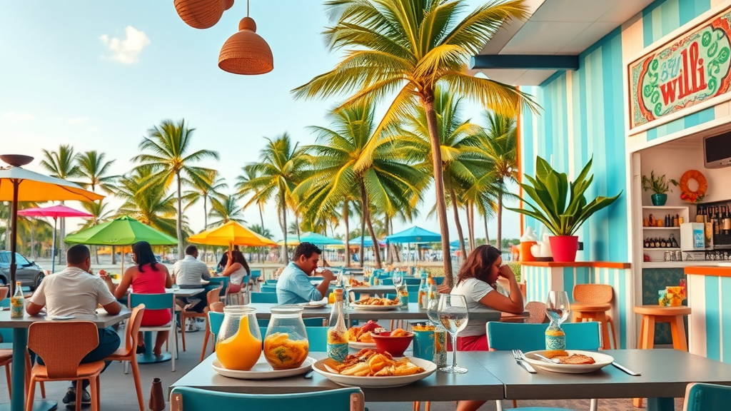 Outdoor dining scene in Miami with vibrant colors and palm trees.