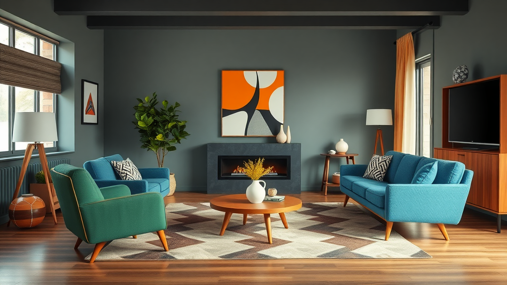 A vibrant mid-century modern living room with colorful sofas, a round coffee table, and contemporary art.