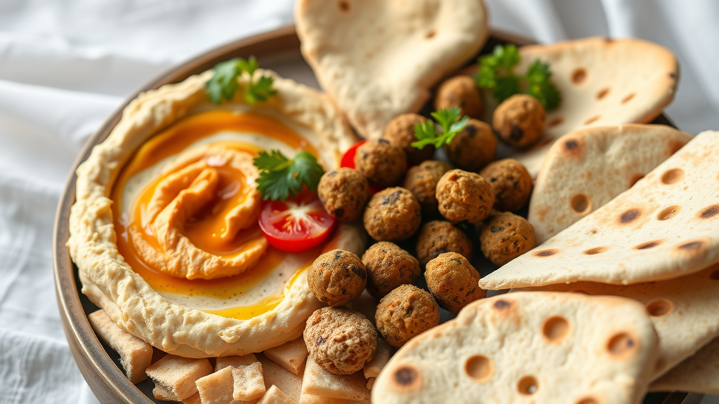 A plate featuring hummus, falafel balls, pita bread, and fresh ingredients.