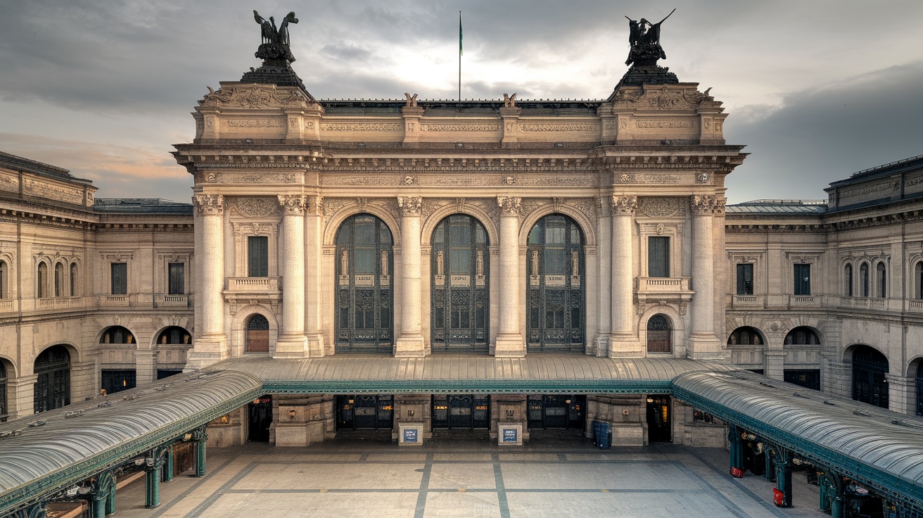 A beautiful view of Milan Centrale train station showcasing its grand architecture.