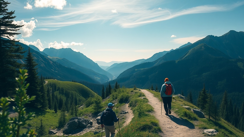 Two hikers walking along a path in the Rockies with mountains in the background.