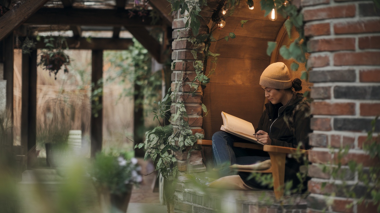 A person sitting in a cozy nook, writing in a notebook surrounded by plants and warm lighting.