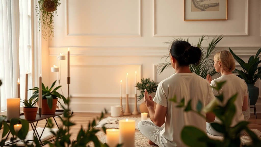 A serene indoor setting with two individuals meditating surrounded by plants and candles.