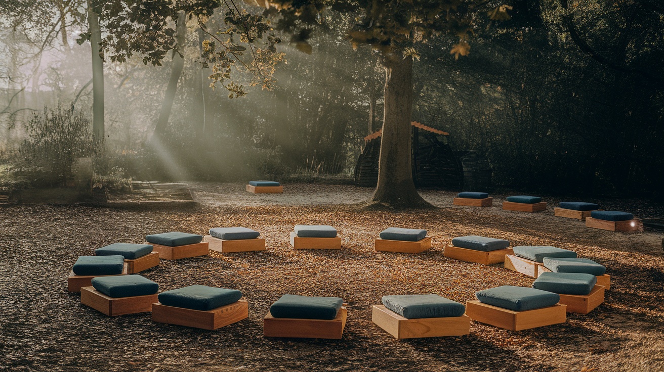 A serene forest setting with cushions arranged in a circle, inviting mindfulness and meditation.