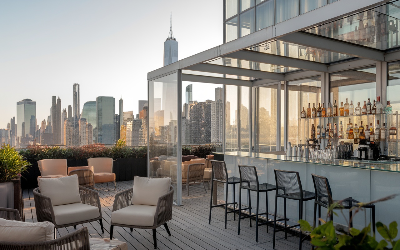 A stylish rooftop bar at Boro Hotel with minimalist design, featuring a view of the New York City skyline.