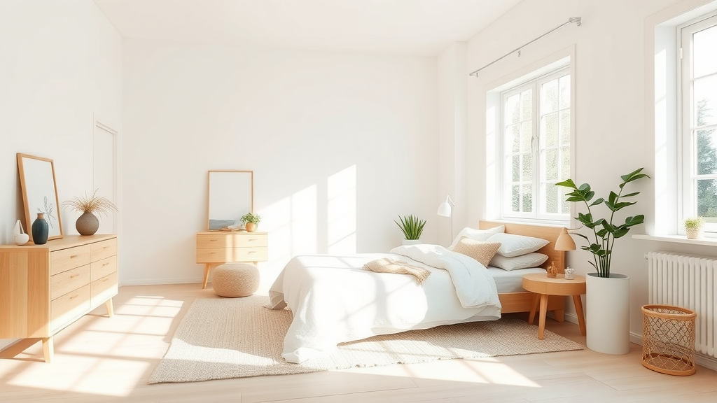 A bright, minimalist bedroom with wooden furniture and soft textiles.