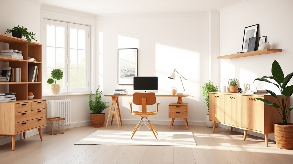 A minimalist Scandinavian home office featuring light wood furniture, a computer desk, and plants.