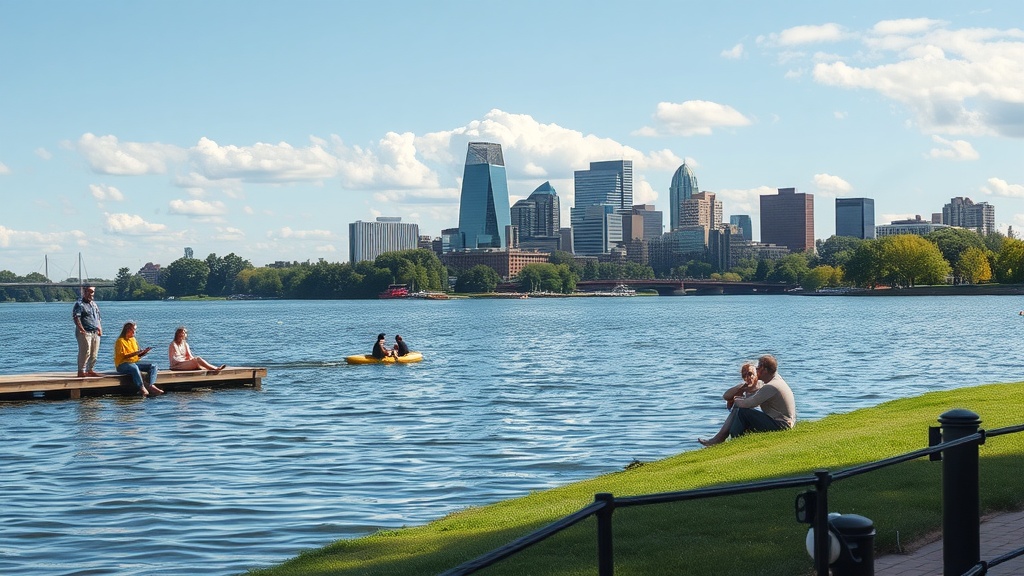 People enjoying the outdoors by the water with the Minneapolis skyline in the background.