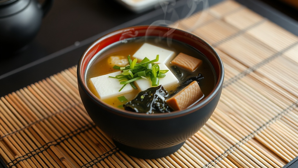 A bowl of miso soup with tofu and seaweed garnished with green onions.