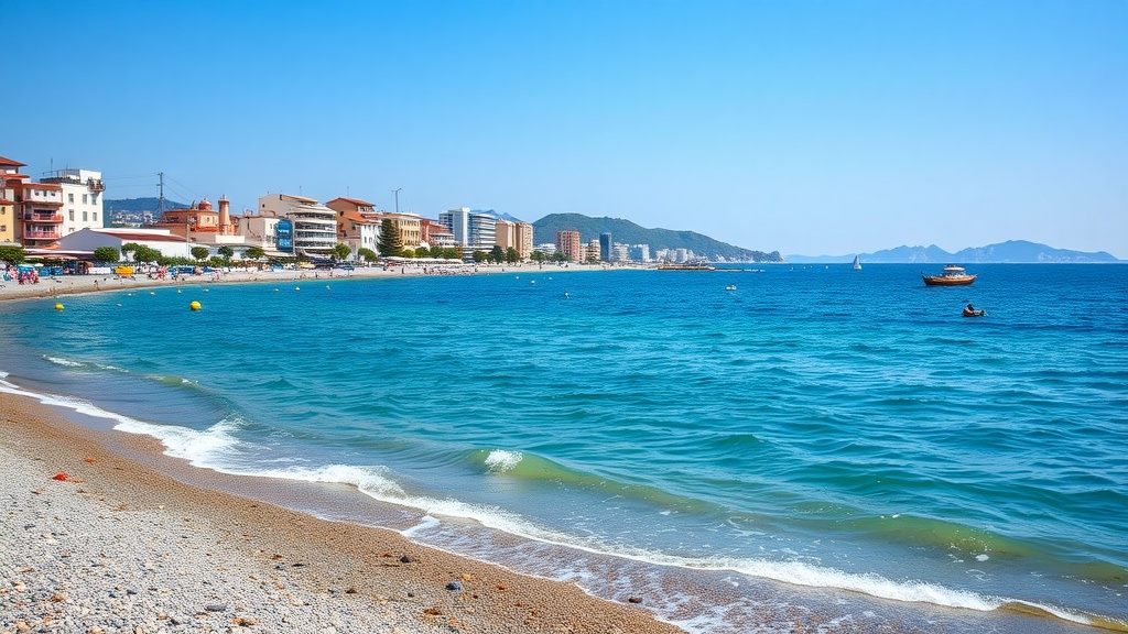 A scenic view of a beach in Greece with clear blue water and a sunny sky.