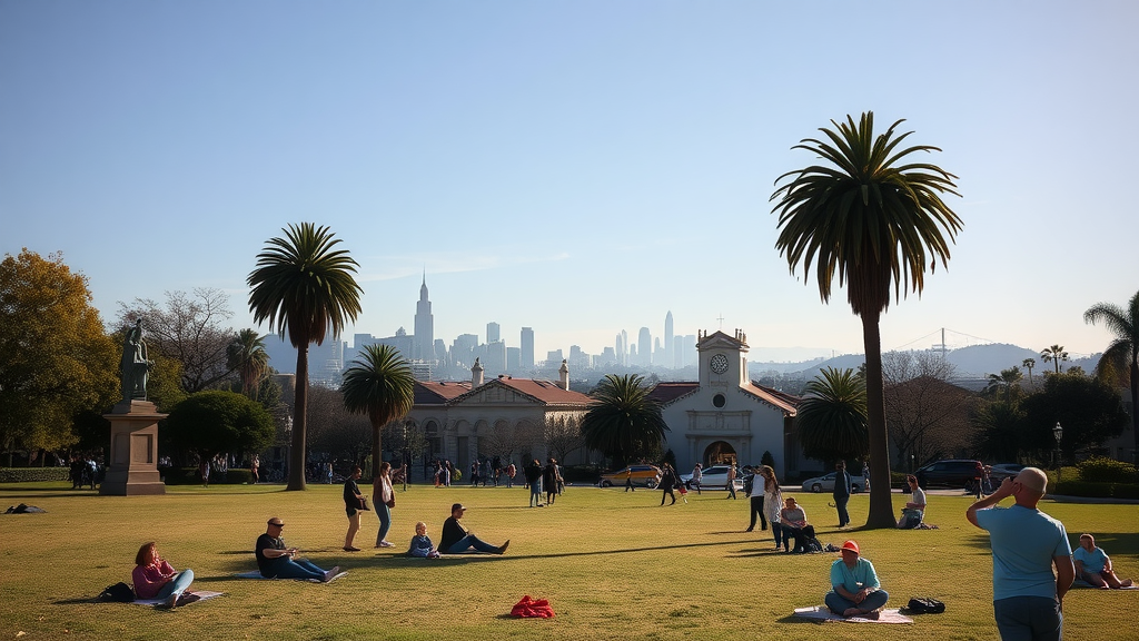 A sunny day at Mission Dolores Park with people lounging on the grass and the San Francisco skyline in the background.